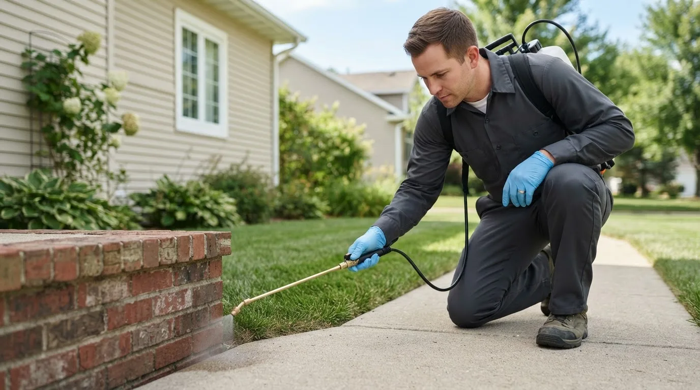 Pest control technician treating a home near Berwick, IA